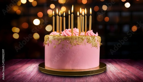 pink birthday cake with golden candles