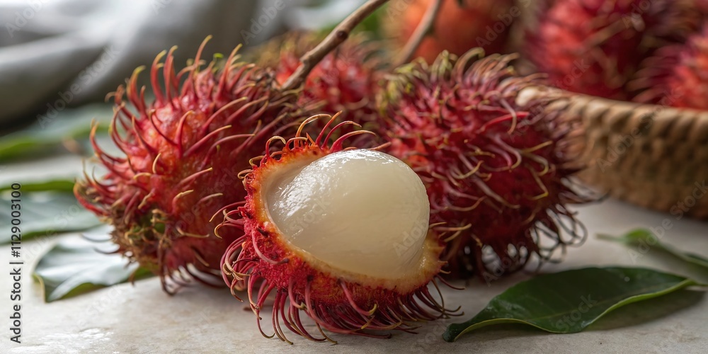 Exotic Rambutan Fruit Close-Up: Vibrant Red Skin, Spiky Texture, and Juicy Interior Showcased in Macro Photography for Nature and Food Enthusiasts Exotic Rambutan Fruit Close-Up: Vibrant Red Skin, Spiky Texture, and Juicy Interior Showcased in Macro Photography for Nature and Food Enthusiasts