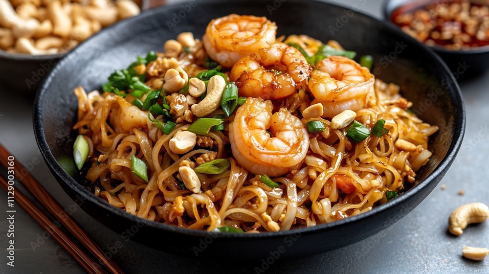 Closeup of Mouthwatering Pad Thai Noodles with Shrimp and Peanuts on Neutral Background Closeup of Mouthwatering Pad Thai Noodles with Shrimp and Peanuts on Neutral Background