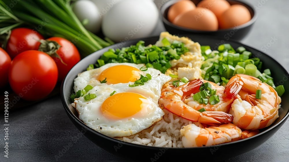 Colorful Fried Rice Dish with Shrimp Eggs and Scallions on a Minimalist Background Colorful Fried Rice Dish with Shrimp Eggs and Scallions on a Minimalist Background