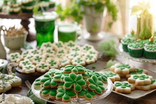 A beautifully decorated Saint Patrick's Day table, featuring green-themed foods, shamrock-shaped cookies, and festive centerpieces. photo