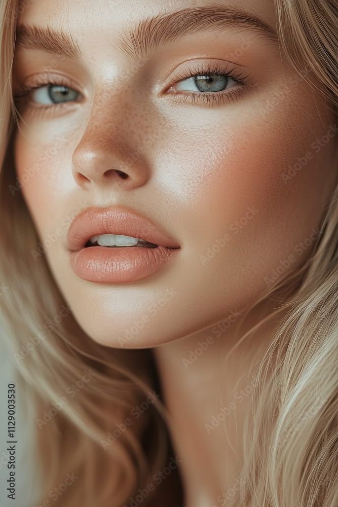 Obraz premium Close-up Portrait of a Blonde Woman with Radiant Skin and Natural Makeup