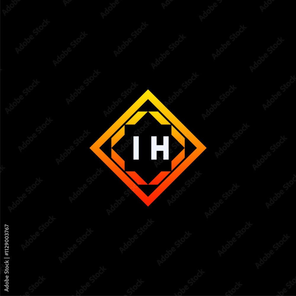 IH initials dynamic geometric logo design features a bold lettering sign in an orange and black color scheme, displayed against a dark background IH initials dynamic geometric logo design features a bold lettering sign in an orange and black color scheme, displayed against a dark background