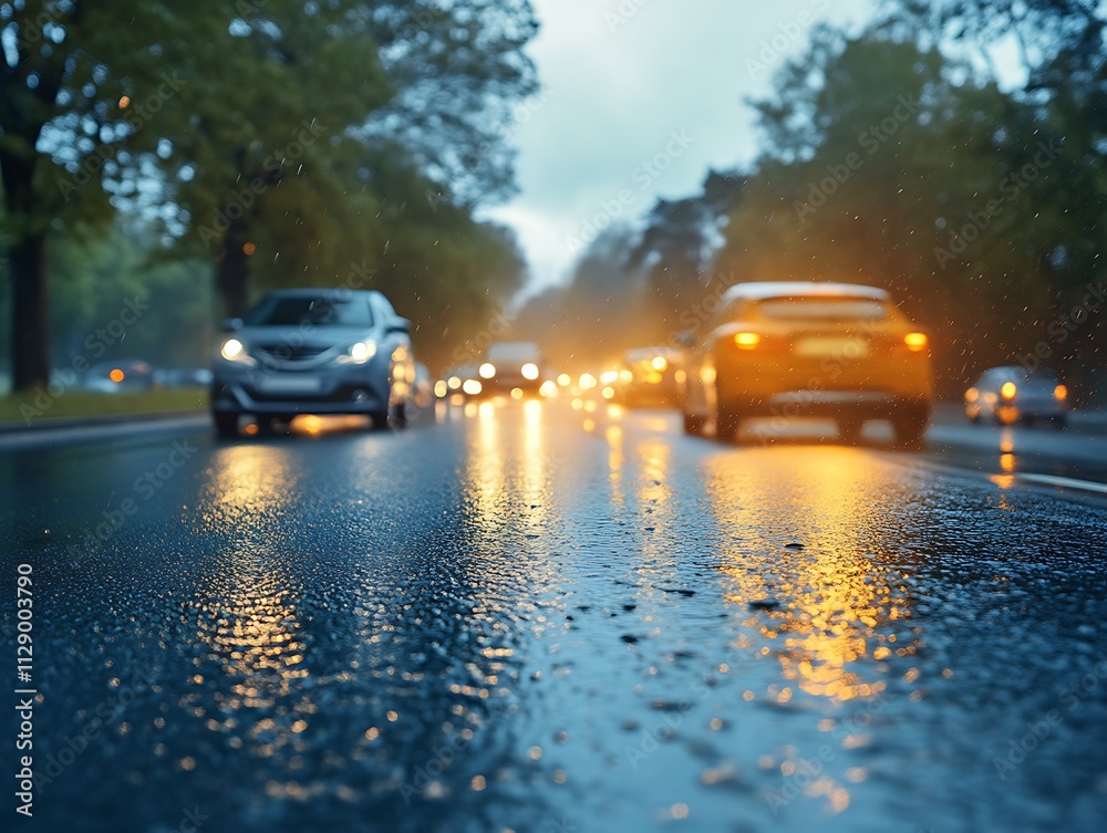 Rainy Night Traffic City Street Scene