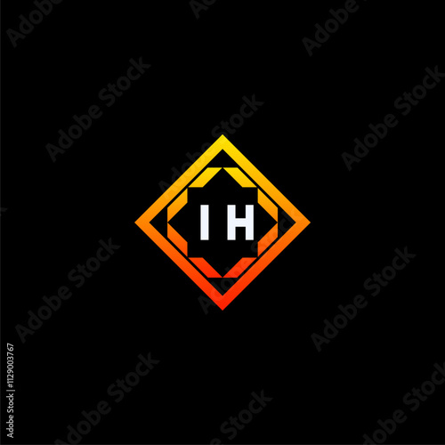 IH initials dynamic geometric logo design features a bold lettering sign in an orange and black color scheme, displayed against a dark background