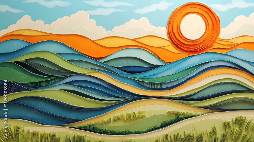 Whimsical paper cut landscape with rolling hills and bright sun Whimsical paper cut landscape with rolling hills and bright sun