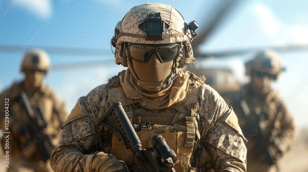Obraz premium group of soldiers dressed in camouflage uniforms prepares for a mission near a helicopter in a desert environment. Their focus and coordination illustrate military discipline and readiness