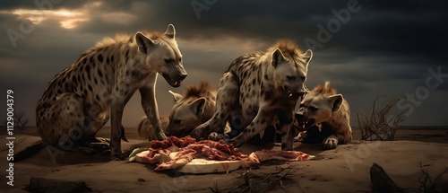 Four spotted hyenas feeding on a carcass at sunset in a dramatic African savanna landscape.