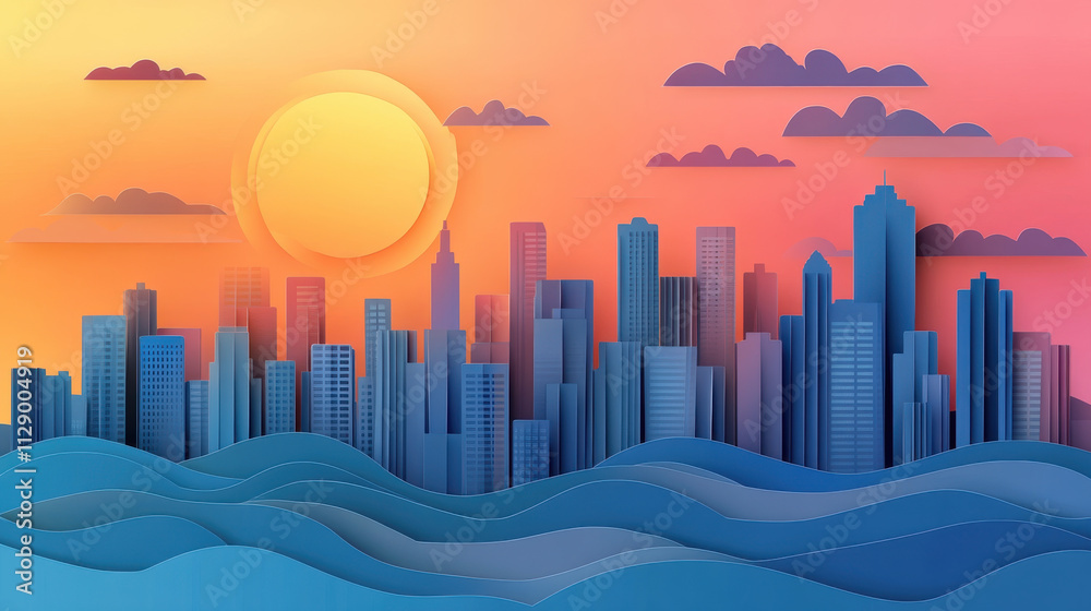 serene paper cut city skyline at sunset with vibrant colors serene paper cut city skyline at sunset with vibrant colors