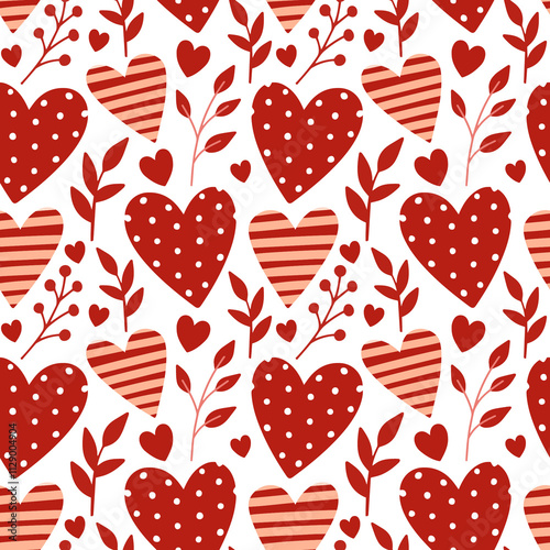 Seamless pattern of simple red hearts isolated on white for wrapping paper or fabric. Hand drawn style. Vector illustration.