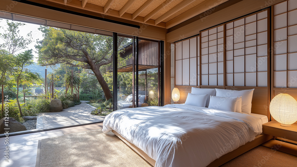 Modern Japanese style bedroom with garden view. Concept of tranquility, relaxation, and minimalist design. Modern Japanese style bedroom with garden view. Concept of tranquility, relaxation, and minimalist design.