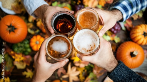 Four friends raise their glasses filled with craft beers in celebration, surrounded by vibrant autumn leaves and pumpkins, capturing the warmth of a joyful seasonal gathering outdoors