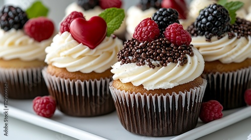 Delectable Valentine s Day Cupcakes with Heart Shaped Toppings on Bright Minimalist Backdrop photo