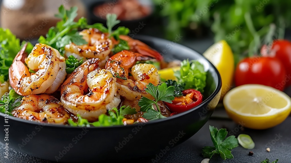 Detailed Close up of Vibrant Thai Tom Yum Goong Dish with Glistening Shrimp and Herbs Detailed Close up of Vibrant Thai Tom Yum Goong Dish with Glistening Shrimp and Herbs