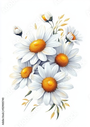 A vibrant illustration of daisies with white petals and yellow centers, surrounded by delicate green leaves and buds.