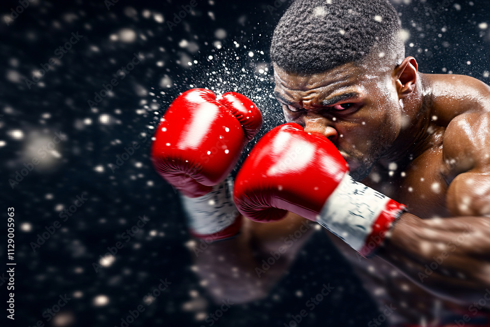 Male boxer throwing a powerful punch with intense facial expression and water spray on dark background Male boxer throwing a powerful punch with intense facial expression and water spray on dark background