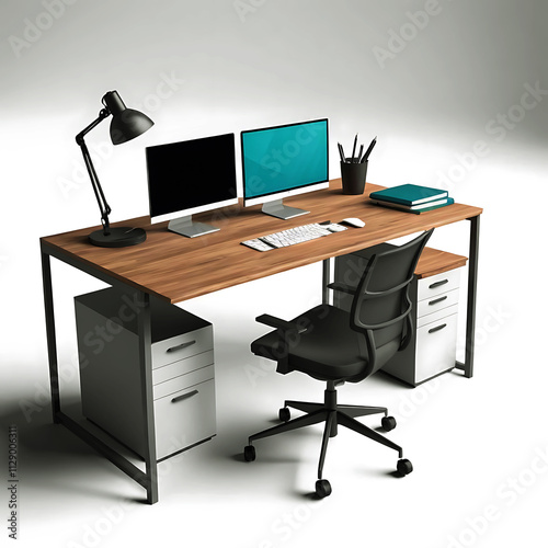 Office workstation with computer on desk and table, transparent background