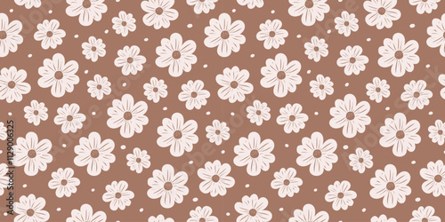 Vintage beige flowers seamless pattern on mocha mousse background, color 2025 aesthetic