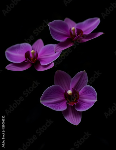 Orchid flowers in a rich purple hue are placed against a dramatic black backdrop to create a striking visual effect._00002_