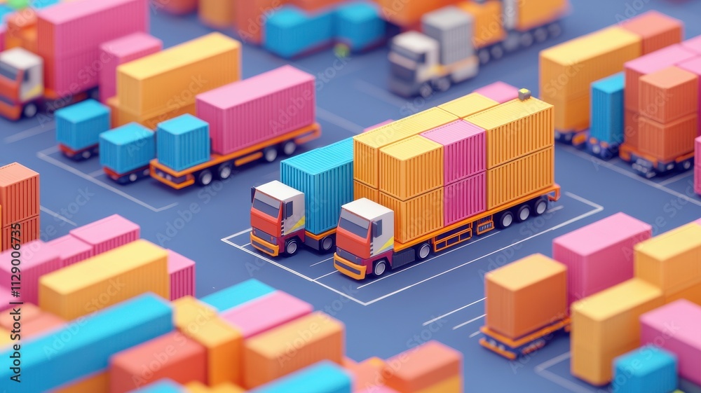 A colorful illustration of trucks and containers in a busy shipping yard, showcasing an organized logistics environment. A colorful illustration of trucks and containers in a busy shipping yard, showcasing an organized logistics environment.