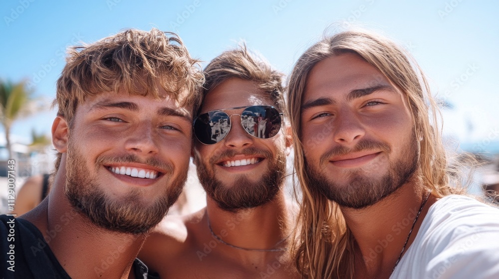 Three young men with beards and sunny smiles pose together at the beach, showcasing their friendship and enjoying a perfect day under the bright sun, surrounded by palm trees Three young men with beards and sunny smiles pose together at the beach, showcasing their friendship and enjoying a perfect day under the bright sun, surrounded by palm trees