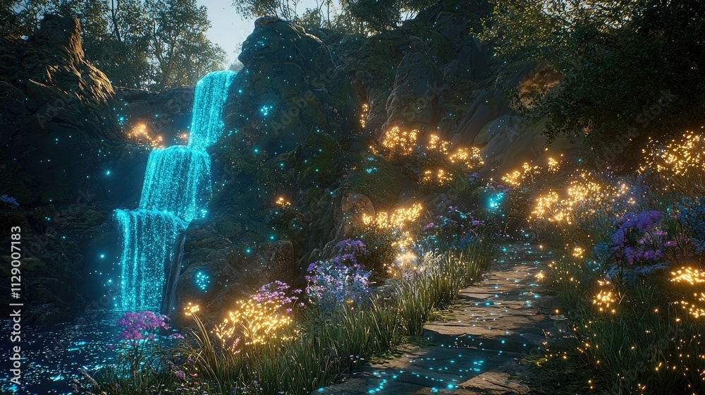 Fototapeta premium Enchanting Glowing Waterfall in a Magical Forest Path