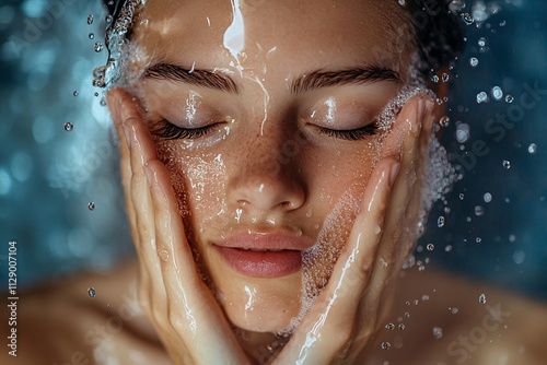 A photorealistic close-up of a 21-year-old European woman washing her face with water, her hands cradling her face gently, water droplets falling around her, eyes closed in a serene expression 4