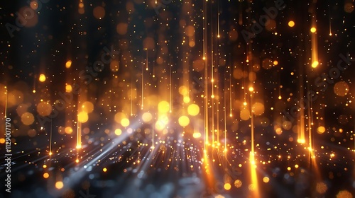 Abstract gold and black glittering particles falling on dark background.