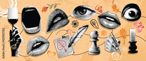Trendy retro halftone collage, vintage paper cutouts of lips, hands, butterfly, alarm clock and more in y2k style vector illustration.