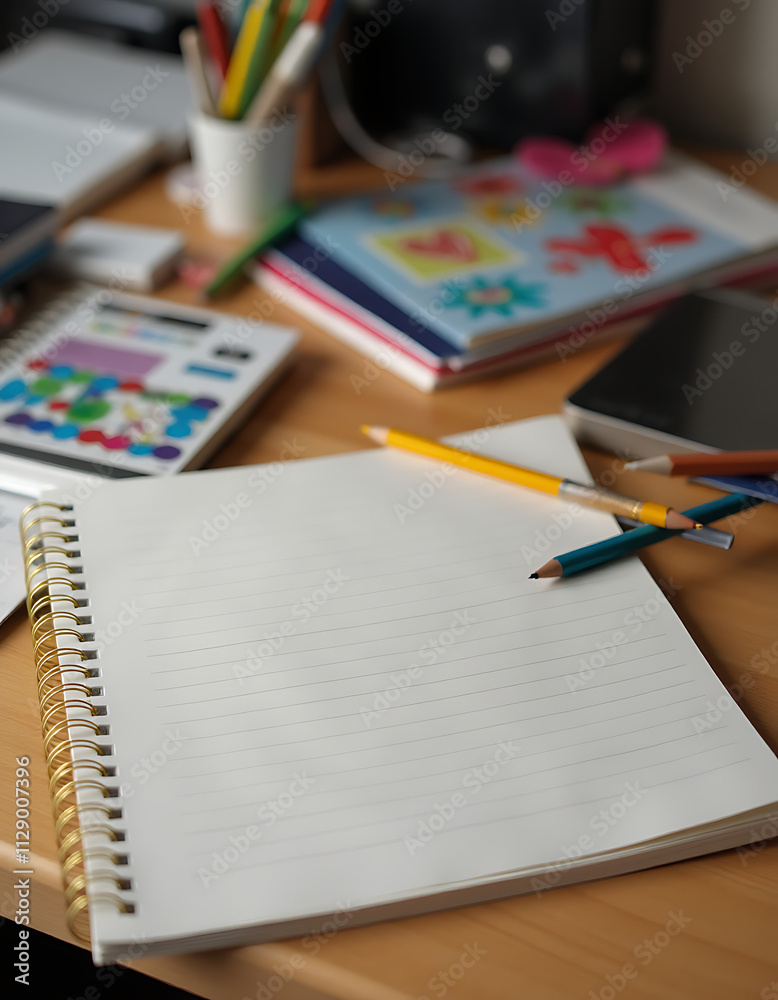 Notebooks and stationery sit out on a cluttered desk, waiting for creative ideas to fill them._00002_ Notebooks and stationery sit out on a cluttered desk, waiting for creative ideas to fill them._00002_