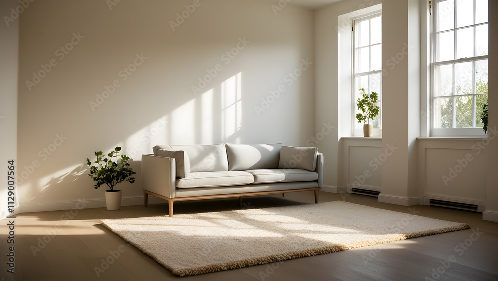 Fototapeta premium A warm minimal interior design featuring a milk-white wall, a light gray sofa with clean lines, and an ecru beige rug with a soft texture. The room is spacious and bright, illuminated by natural sunli
