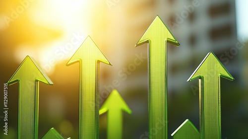 Renewable energy market trends concept. Green arrows symbolize growth and progress against a soft background of light.