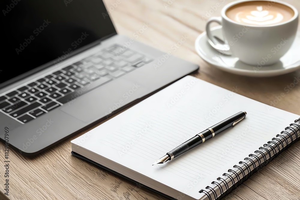 A stylish workspace featuring a laptop, a coffee cup, and a notepad with a pen. Ideal for productivity, creativity, and modern office aesthetics, promoting focus and inspiration. A stylish workspace featuring a laptop, a coffee cup, and a notepad with a pen. Ideal for productivity, creativity, and modern office aesthetics, promoting focus and inspiration.