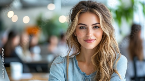 young woman with long, wavy hair smiles brightly while seated at a table in a coffee shop. background shows people chatting and enjoying their drinks in a cozy setting