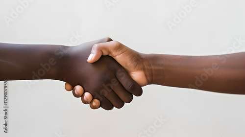 Business handshake agreement between two people of different ethnicities with white bacground

