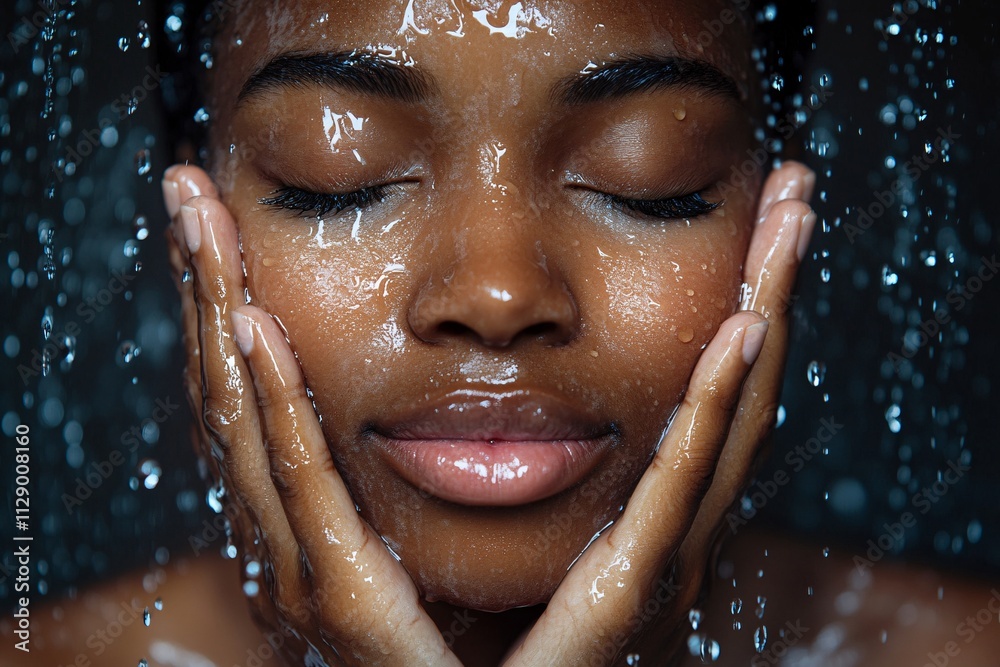 A photorealistic close-up of a 21-year-old African woman washing her face, her hands gently cradling her face, water droplets falling around her, eyes closed in relaxation, glowing skin 3 A photorealistic close-up of a 21-year-old African woman washing her face, her hands gently cradling her face, water droplets falling around her, eyes closed in relaxation, glowing skin 3