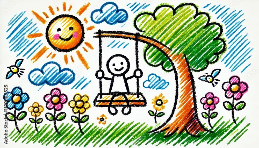 A playful children's drawing of a swing set in a park. A playful children's drawing of a swing set in a park.
