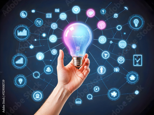 Hand holding a glowing lightbulb on blue background with business icons