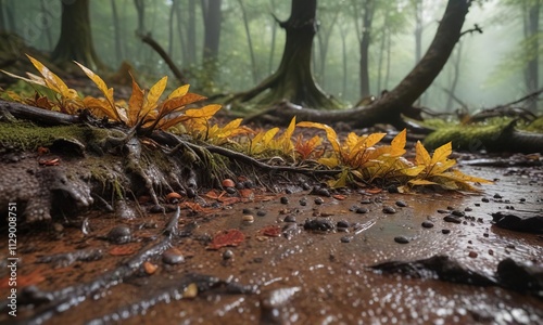 Coffee grounds accumulating on the surface of a wet forest floor under a fallen branch, grounds, forest, coffee photo