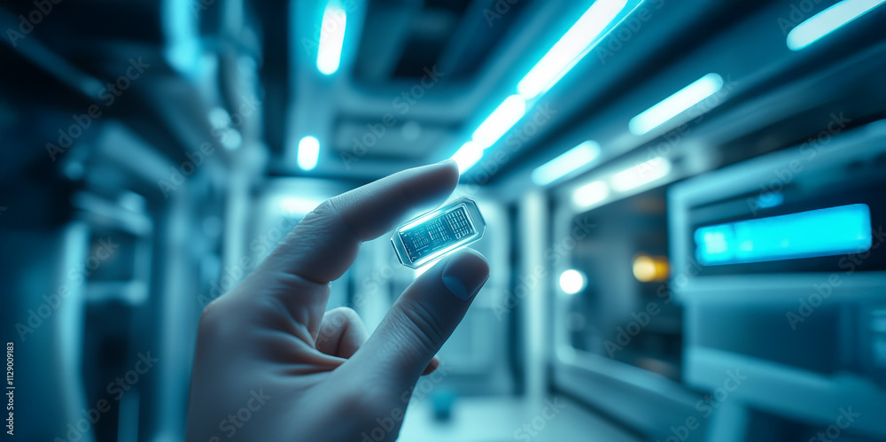 An advanced microchip delicately held between fingers, set in a futuristic laboratory with glowing neon lights and advanced technology in the background. An advanced microchip delicately held between fingers, set in a futuristic laboratory with glowing neon lights and advanced technology in the background.
