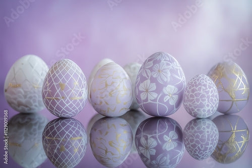 A collection of abstract Easter eggs intricately decorated with golden patterns and placed on a reflective surface with a soft purple gradient background. photo