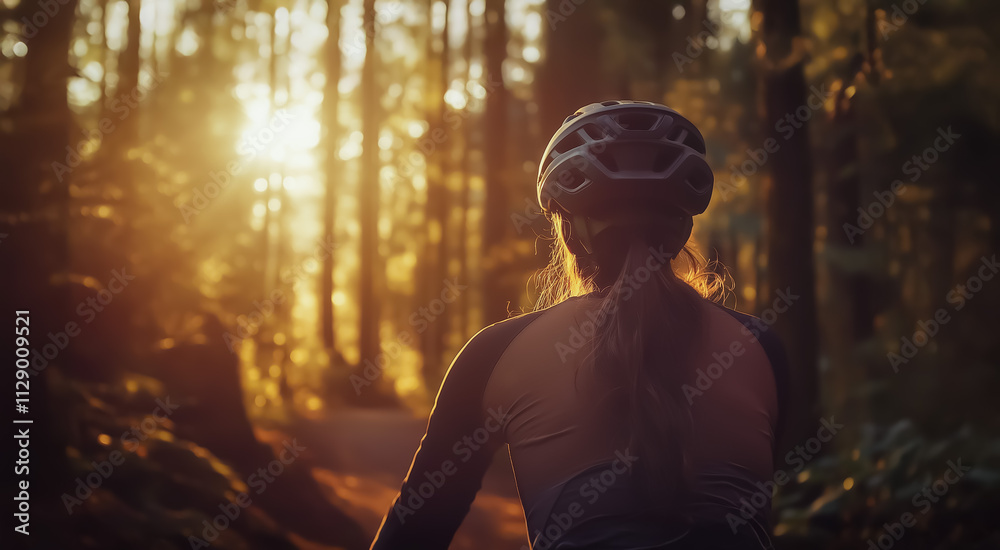 A female cyclist on a forest trail during sunset, her silhouette framed by the warm glow of the evening light and a lush woodland backdrop. A female cyclist on a forest trail during sunset, her silhouette framed by the warm glow of the evening light and a lush woodland backdrop.