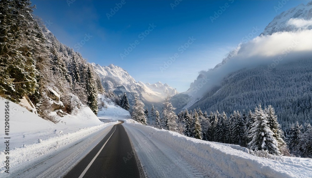 mountain road landscape covered in snow in winter mountain road landscape covered in snow in winter