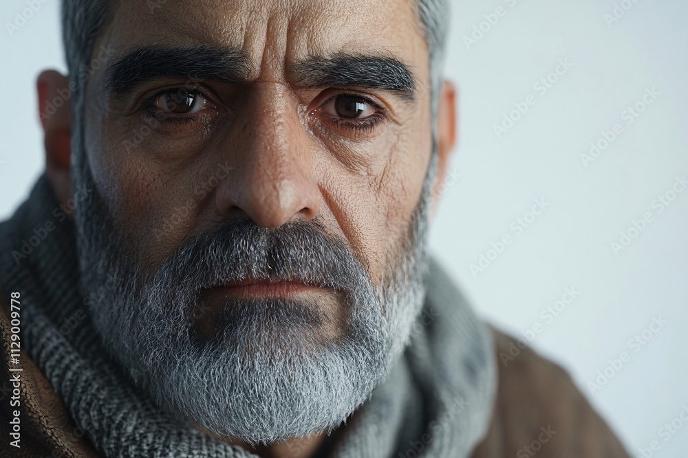 Obraz premium A melancholic Turkish man with a gray beard and sorrowful eyes, sitting alone under soft light against a white background, 3D realism, close-up view 1