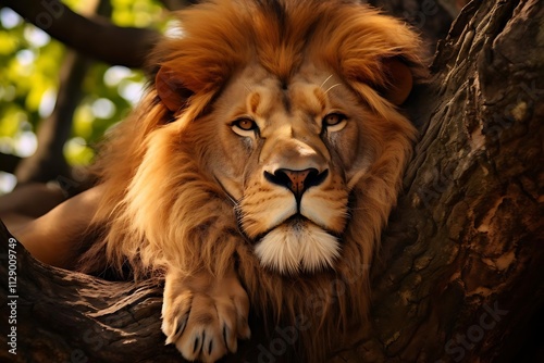 Majestic male lion resting on a tree branch, intense gaze, sunlight through leaves. photo