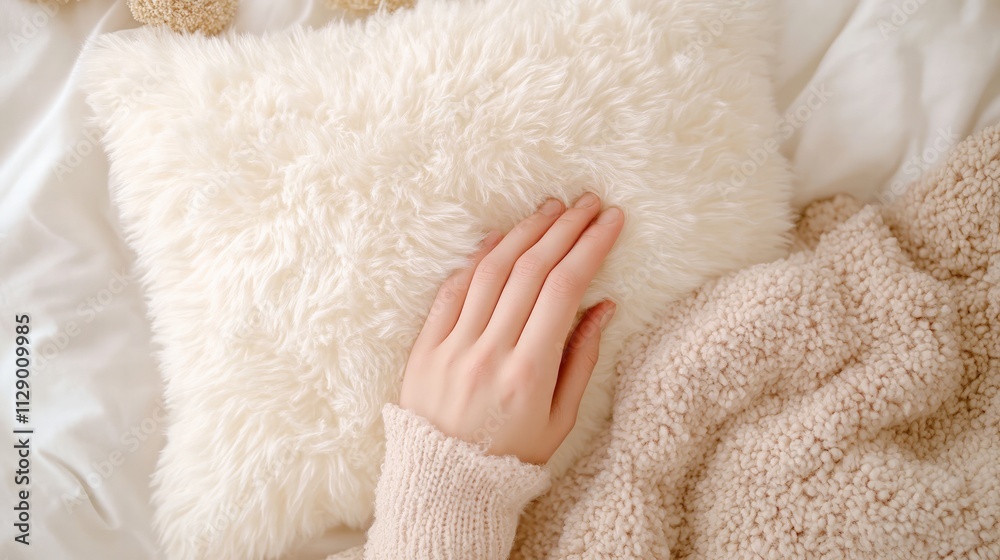 Cozy hand on soft pillow bedroom lifestyle image serene environment close-up view comfort concept Cozy hand on soft pillow bedroom lifestyle image serene environment close-up view comfort concept