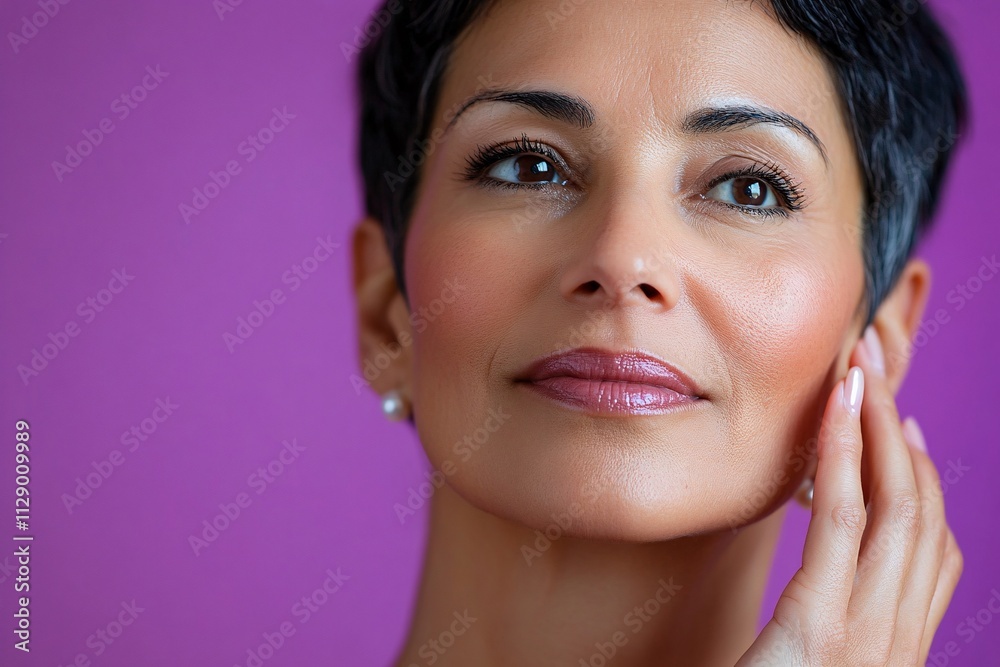 A mature woman with olive skin, wearing pearl earrings, one hand lightly touching her neck, soft purple background, even studio lighting 2