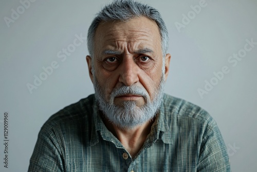 A melancholic Turkish man with a gray beard and sorrowful eyes, sitting alone under soft light against a white background, 3D realism, close-up view 2