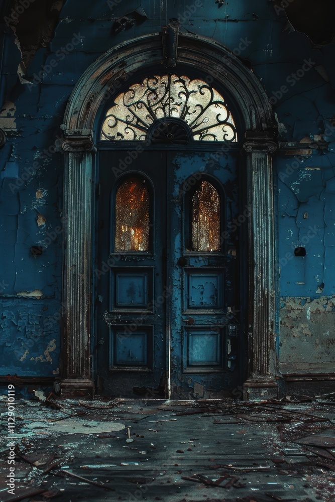 Abandoned Ornate Doorway in a Dilapidated Building with Intricate Details Abandoned Ornate Doorway in a Dilapidated Building with Intricate Details