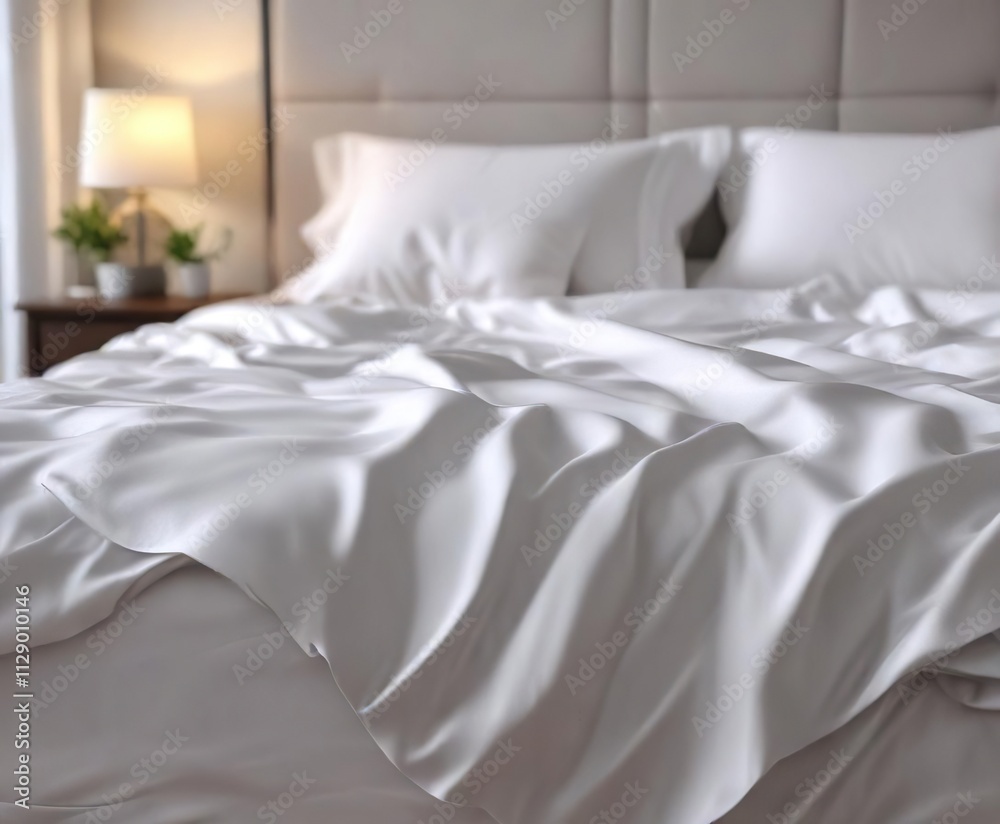 Softly billowing white sheets draped over a plush mattress, tranquil surroundings, serene ambiance Softly billowing white sheets draped over a plush mattress, tranquil surroundings, serene ambiance